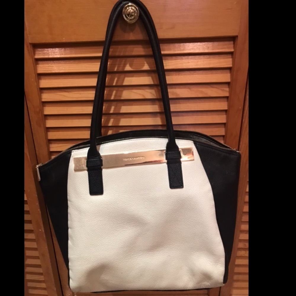 Vince Camuto Black Creme Gold Tote Purse Handbag